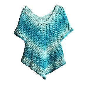 VTG Afghan Open Knit Blue Turquoise Poncho Sweater Ombre Stripes Womens S Granny